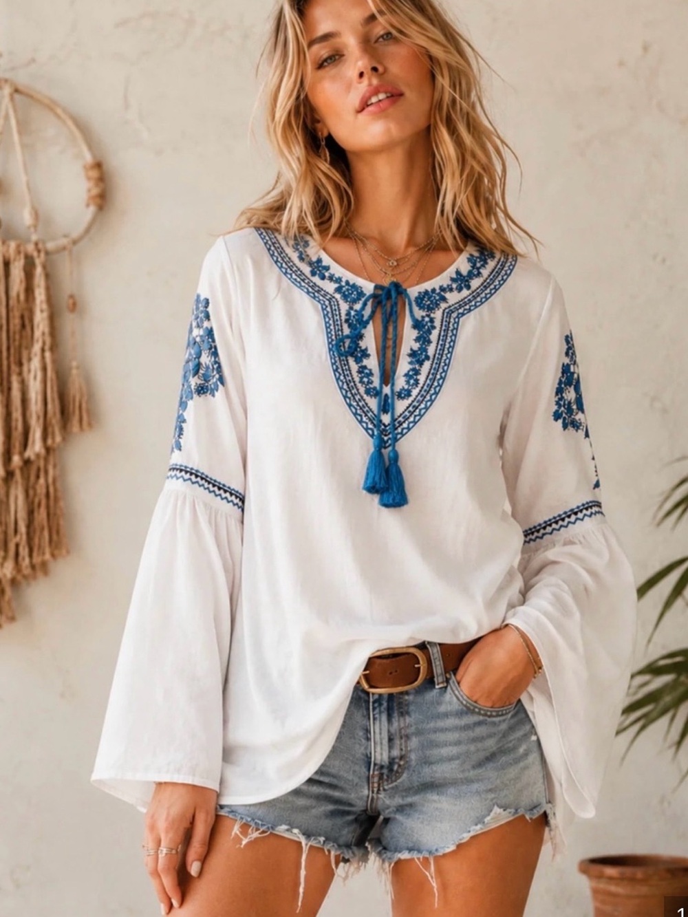 Boho Embroidered Blouse - White with Blue Embroidery 100% Cotton. NWT Size Med